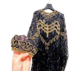 Vintage 1980's Judith Ann Creations Lace Gold Beaded Drop Waist Dress Size Large